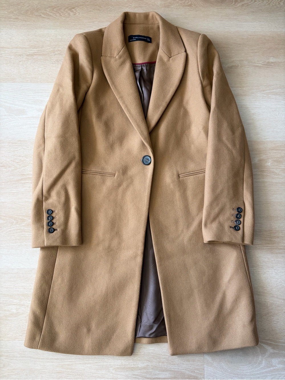 Zara Woman Camel 75% Wool Long Tailored Coat Size M